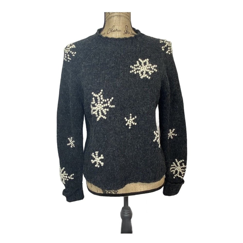 Marsh Landing Hand Knit Crew Snowflake Wool Blend Sweater Charcoal Gray M - Picture 1 of 12